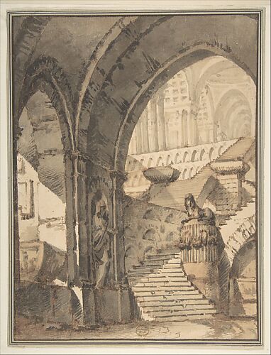 Framed Design for a Stage Set with Arches, Stairs, Human Figure and Sphinx Statue.