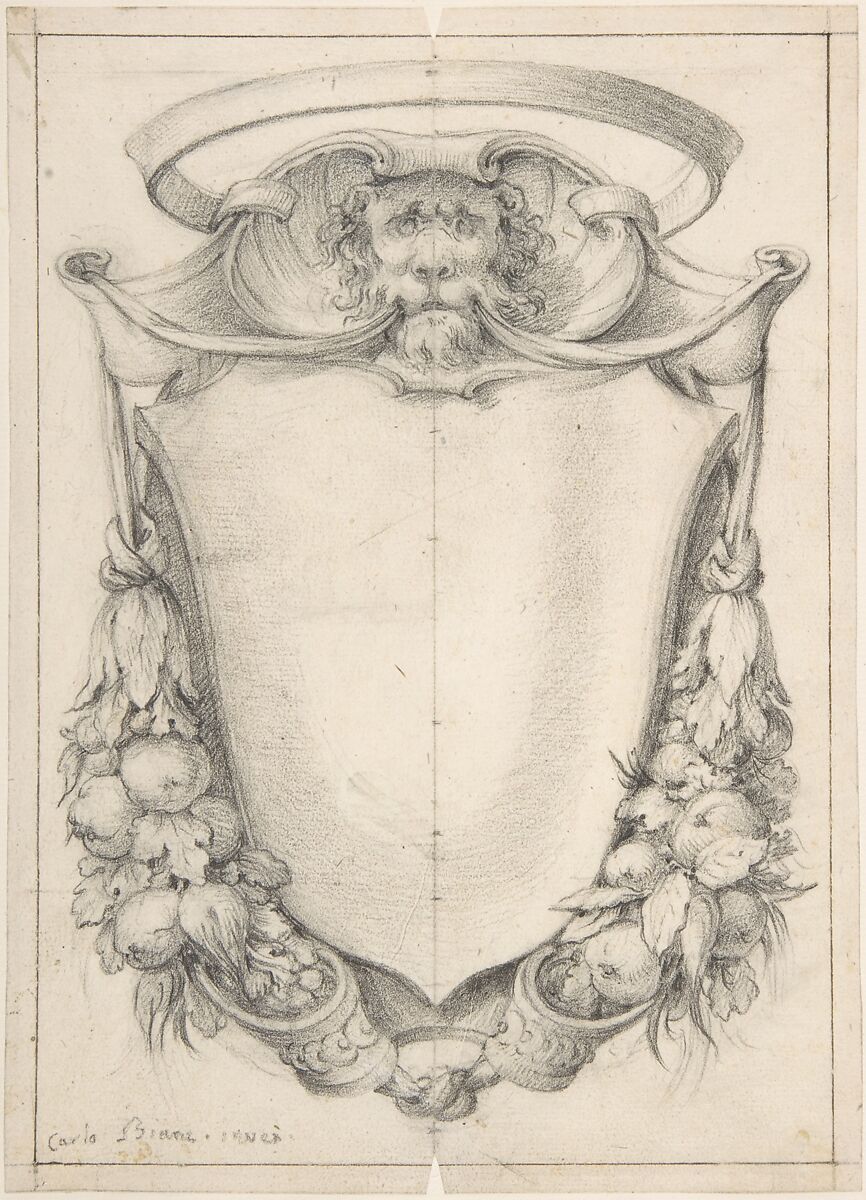 Design for a Cartouche with a Lion's Head and Nimbus, Carlo Bianconi  Italian, Pen and brown ink, brush and green wash with framing lines in gray-green ink