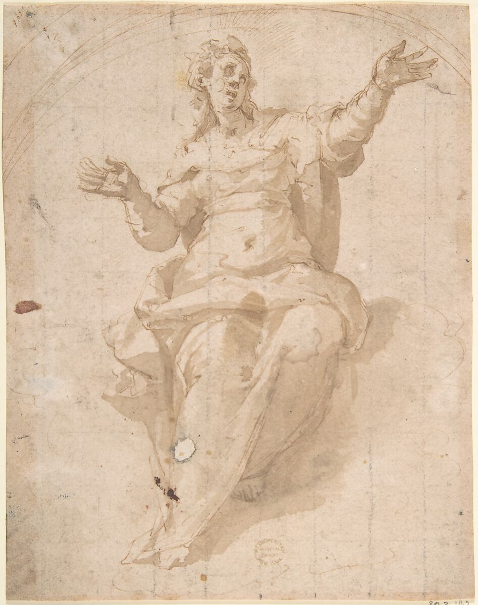 Study for the Ascension of the Virgin, Marco Pino (Italian, Costa del Pino, Siena ca. 1525–ca. 1587 Naples), Pen and brown ink, brush and brown wash, squared in black chalk 