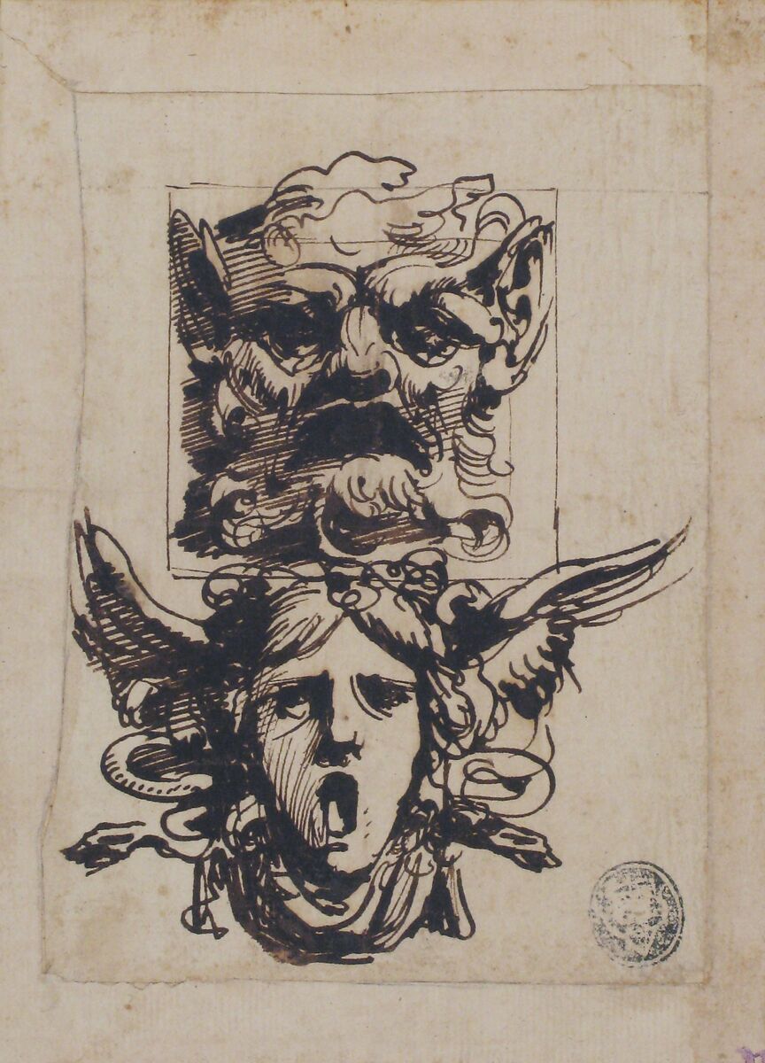Design for Two Masks Shaped as Satyr and a Winged Medusa Head, Carlo Bianconi (Italian, Bologna 1732–1802 Milan), Pen and dark brown ink