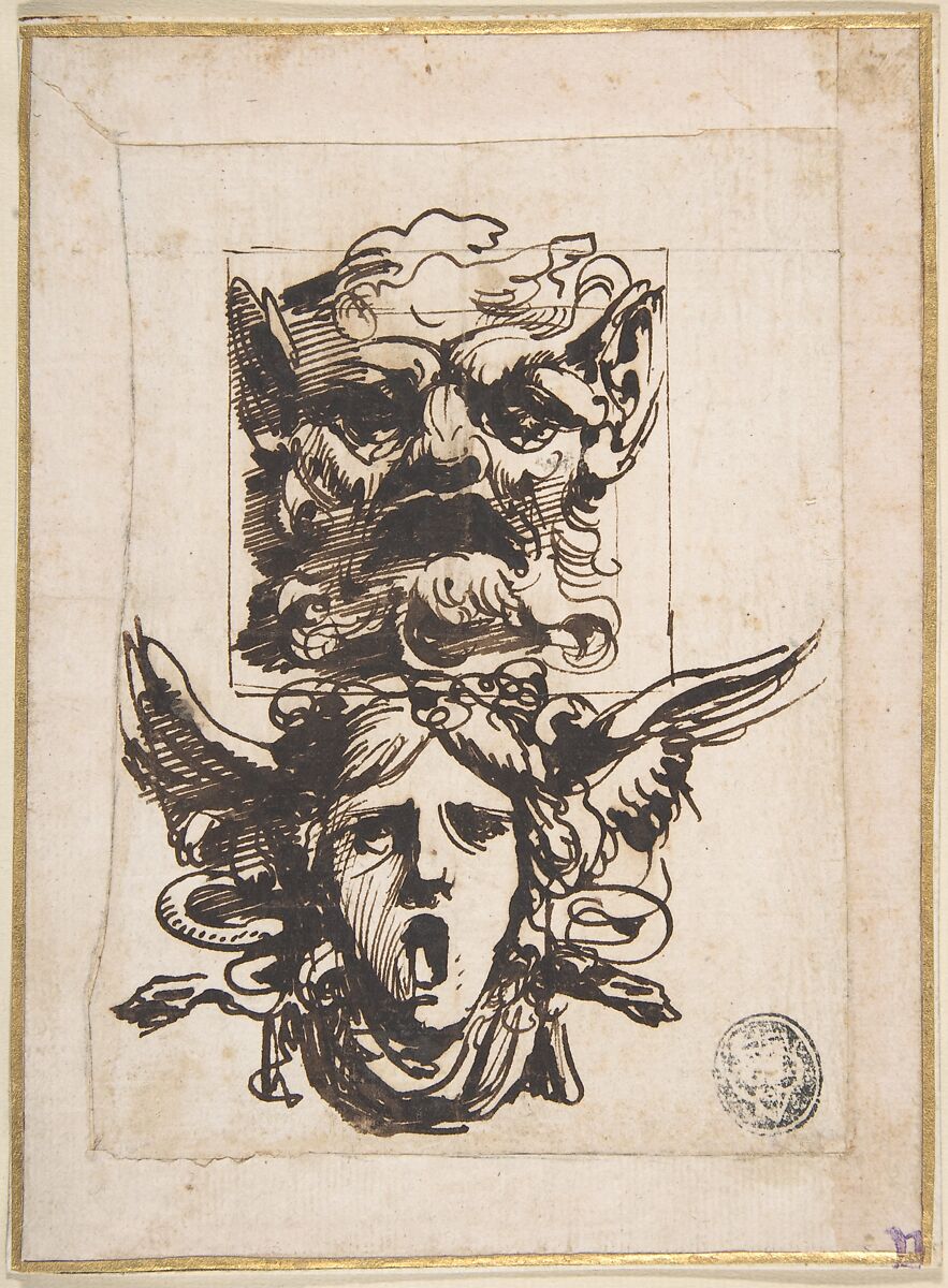 Design for Two Masks Shaped as Satyr and a Winged Medusa Head, Carlo Bianconi  Italian, Pen and dark brown ink
