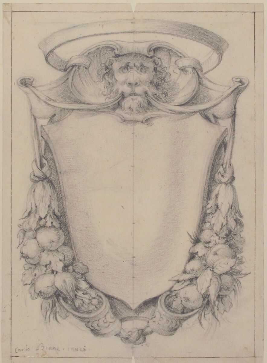 Design for a Cartouche Surmounted by a Lion's Head in Scrollwork Suspending Swags of Fruit and Leaves, Carlo Bianconi (Italian, Bologna 1732–1802 Milan), Black chalk and leadpoint 