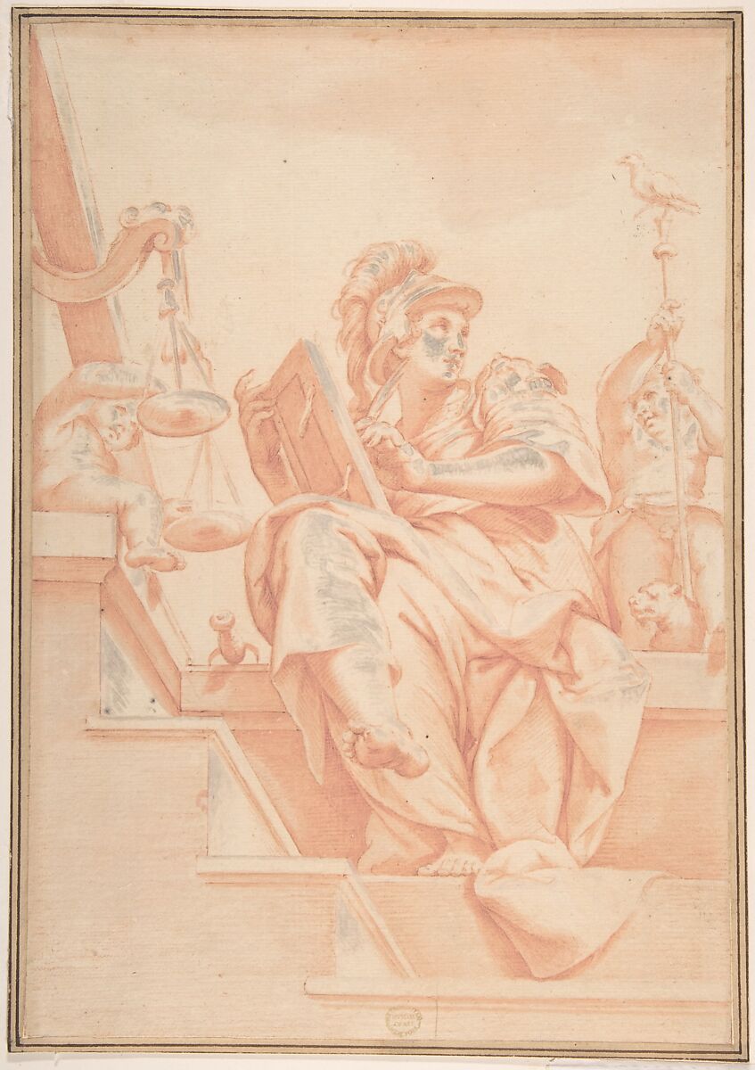Allegory of Justice with Two Putti (after Lorenzo Sabatini's Fresco in Palazzo Vecchio, Florence), Anonymous, Italian, 17th century, Red chalk, brush and red wash, highlighted with white gouache (oxidized) 