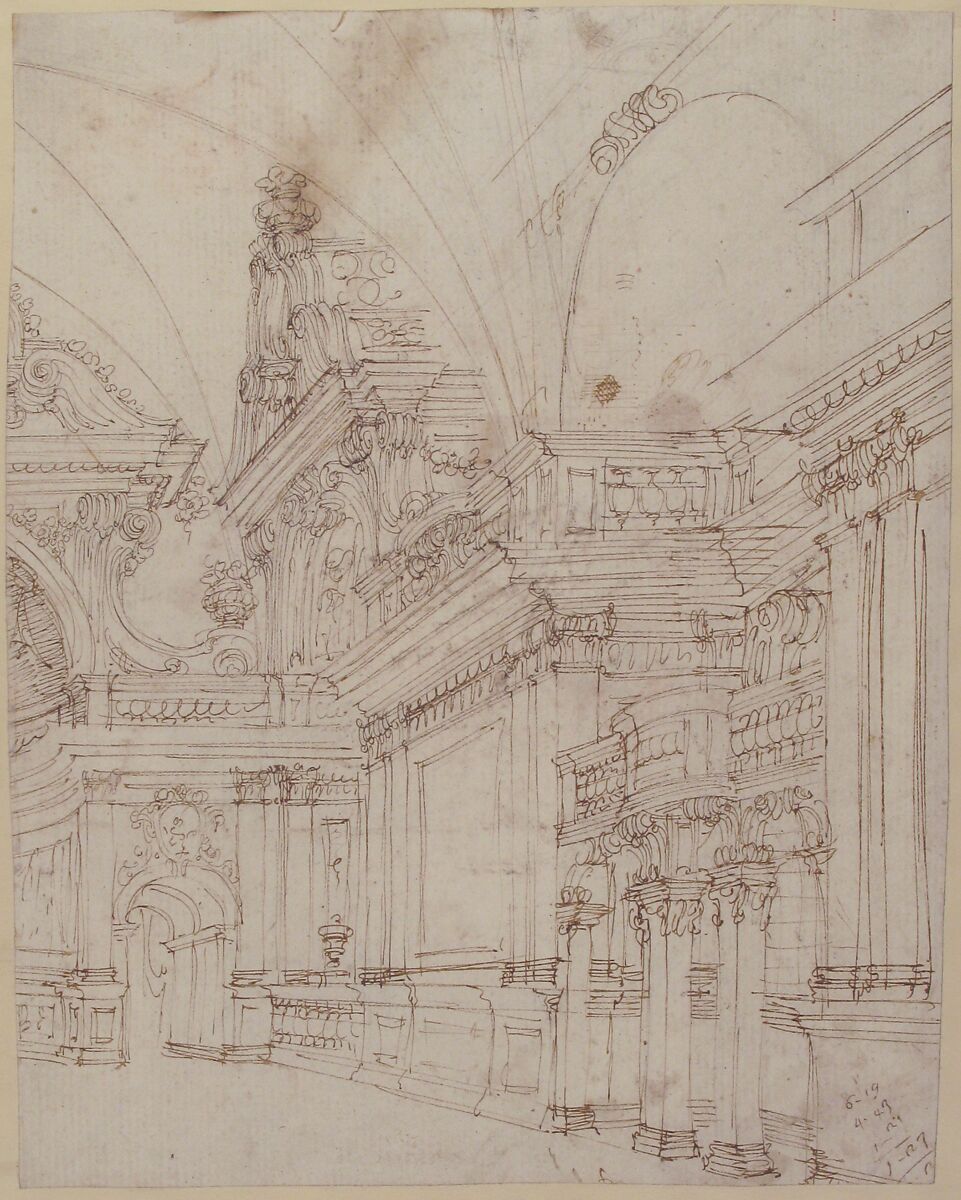 Sketch of a Palace Interior, Antonio Galli Bibiena (Italian,  Parma 1700–1774 Mantua (?)), Pen and brown ink over traces of black chalk or graphite