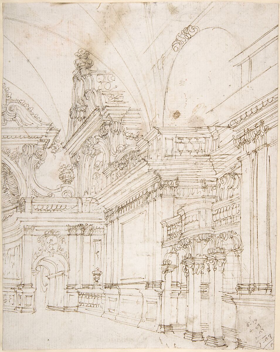 Sketch of a Palace Interior, Antonio Galli Bibiena (Italian,  Parma 1700–1774 Mantua (?)), Pen and brown ink over traces of black chalk or graphite 