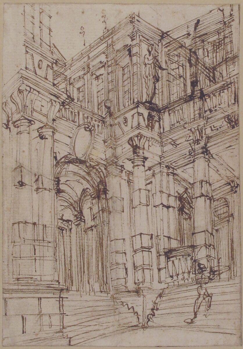 Sketch for a Stage Set: Foreshortened View of a Palace with a Figure on the Stairs, Antonio Galli Bibiena (Italian,  Parma 1700–1774 Mantua (?)), Pen and brown ink