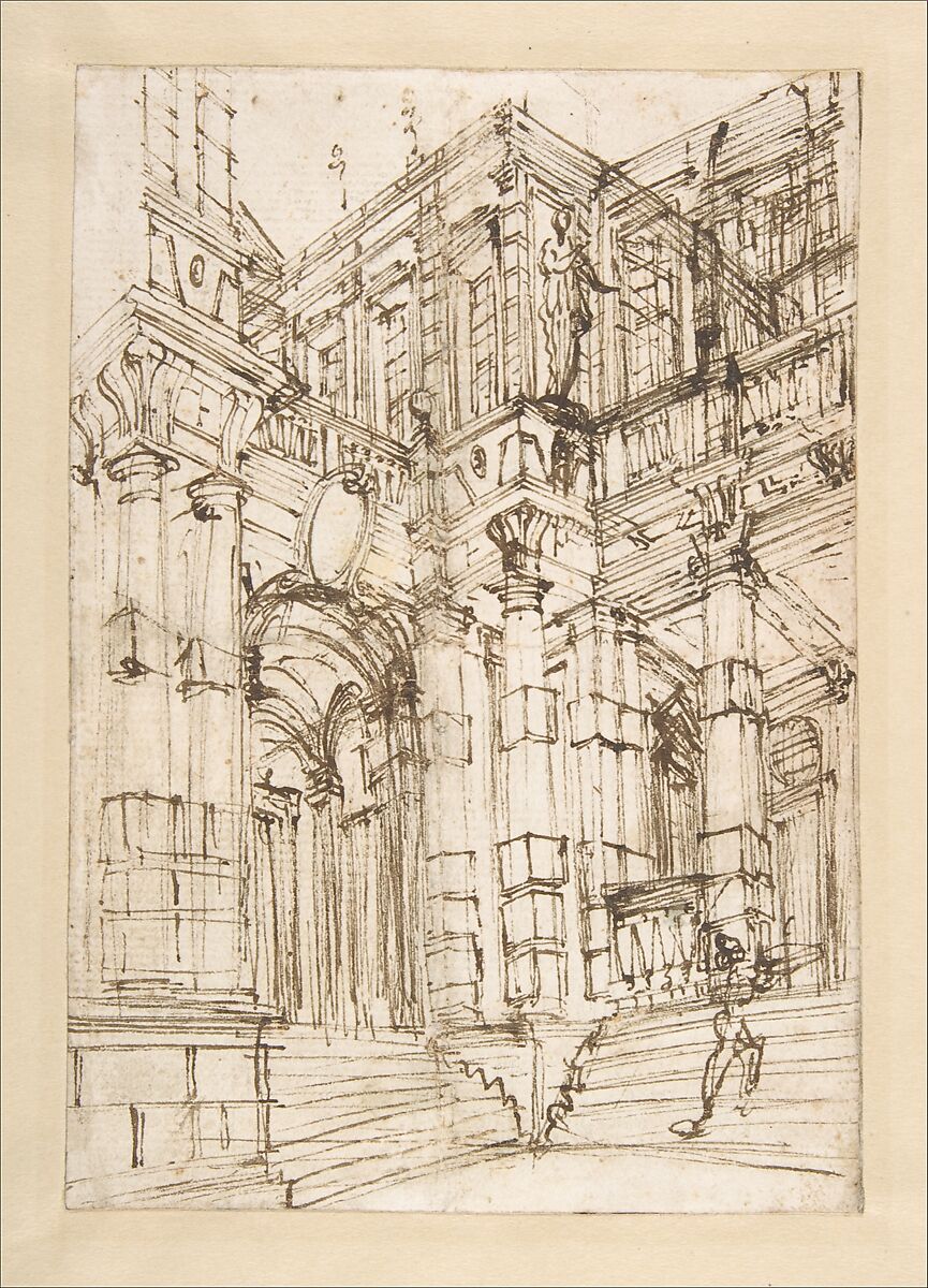 Sketch for a Stage Set: Foreshortened View of a Palace with a Figure on the Stairs, Antonio Galli Bibiena  Italian, Pen and brown ink