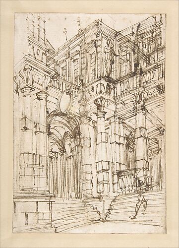 Sketch for a Stage Set: Foreshortened View of a Palace with a Figure on the Stairs