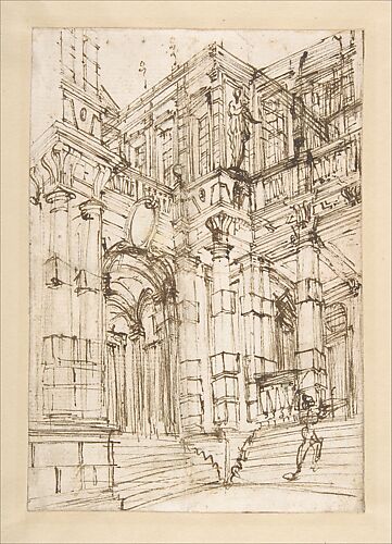 Sketch for a Stage Set: Foreshortened View of a Palace with a Figure on the Stairs