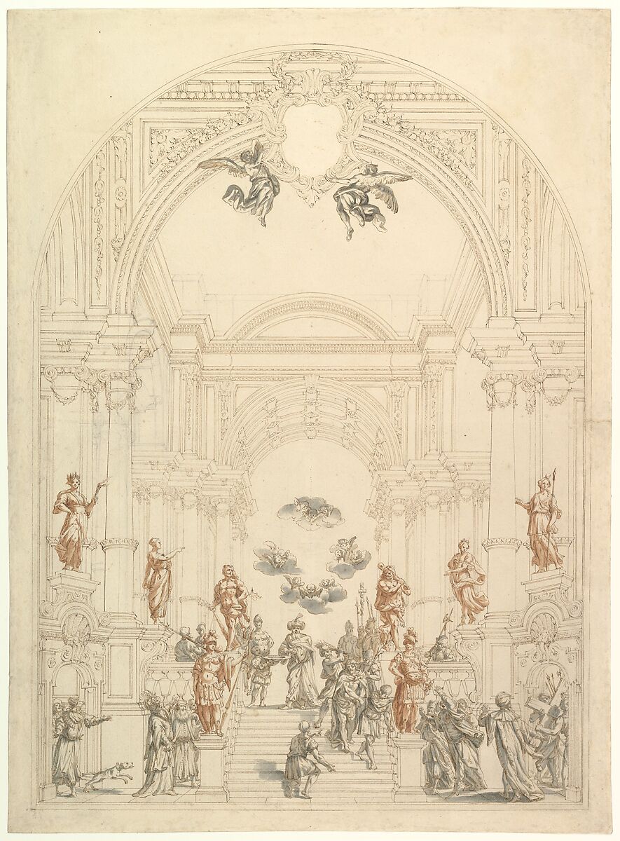 Design for a Theatrum Sacrum, Workshop of Giuseppe Galli Bibiena (Italian, Parma 1696–1756 Berlin), Pen and brown ink, brush and gray and rose wash, over black chalk 