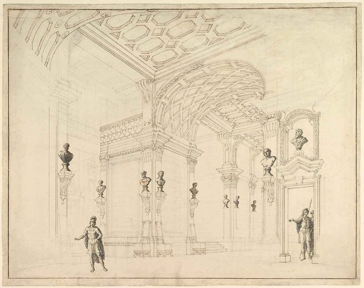 Design for a Stage Set, Workshop of Giuseppe Galli Bibiena (Italian, Parma 1696–1756 Berlin), Pen and brown ink, brush and gray wash, over black chalk 
