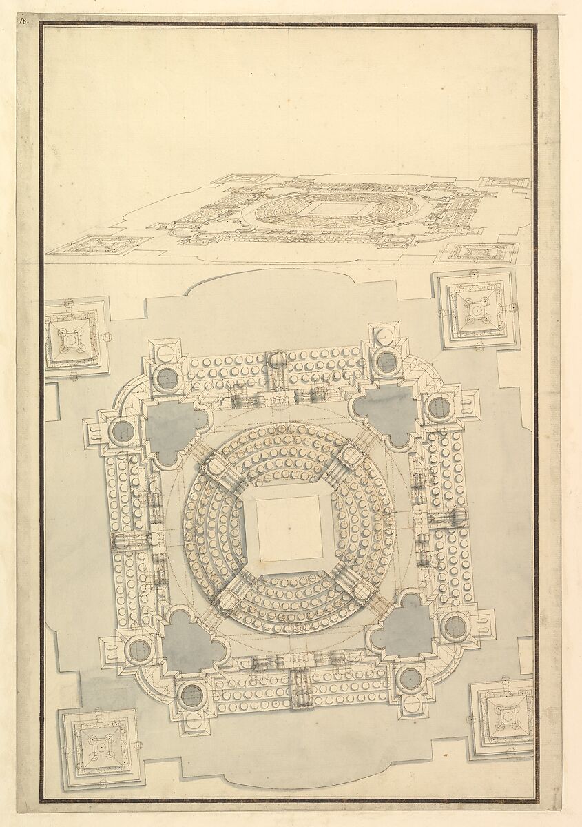 Ground Plan of the Catafalque for Anna Cristina, Wife of Carlo Emanuele II of Savoy, Workshop of Giuseppe Galli Bibiena (Italian, Parma 1696–1756 Berlin), Pen and brown ink, brush and gray wash 