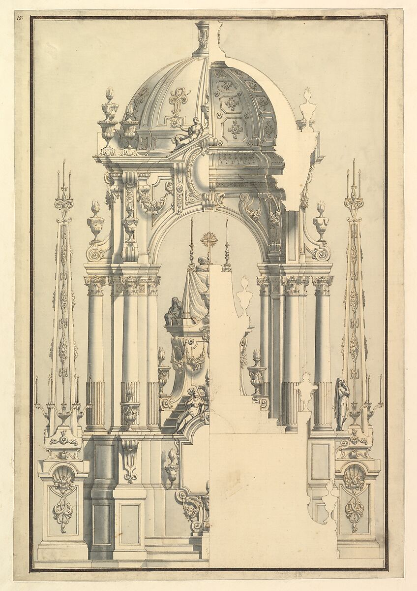 Elevation and Section of the Catafalque for Anna Cristina, Wife of Carlo Emanuele III of Savoy, Workshop of Giuseppe Galli Bibiena (Italian, Parma 1696–1756 Berlin), Pen and brown ink, brush and gray wash 