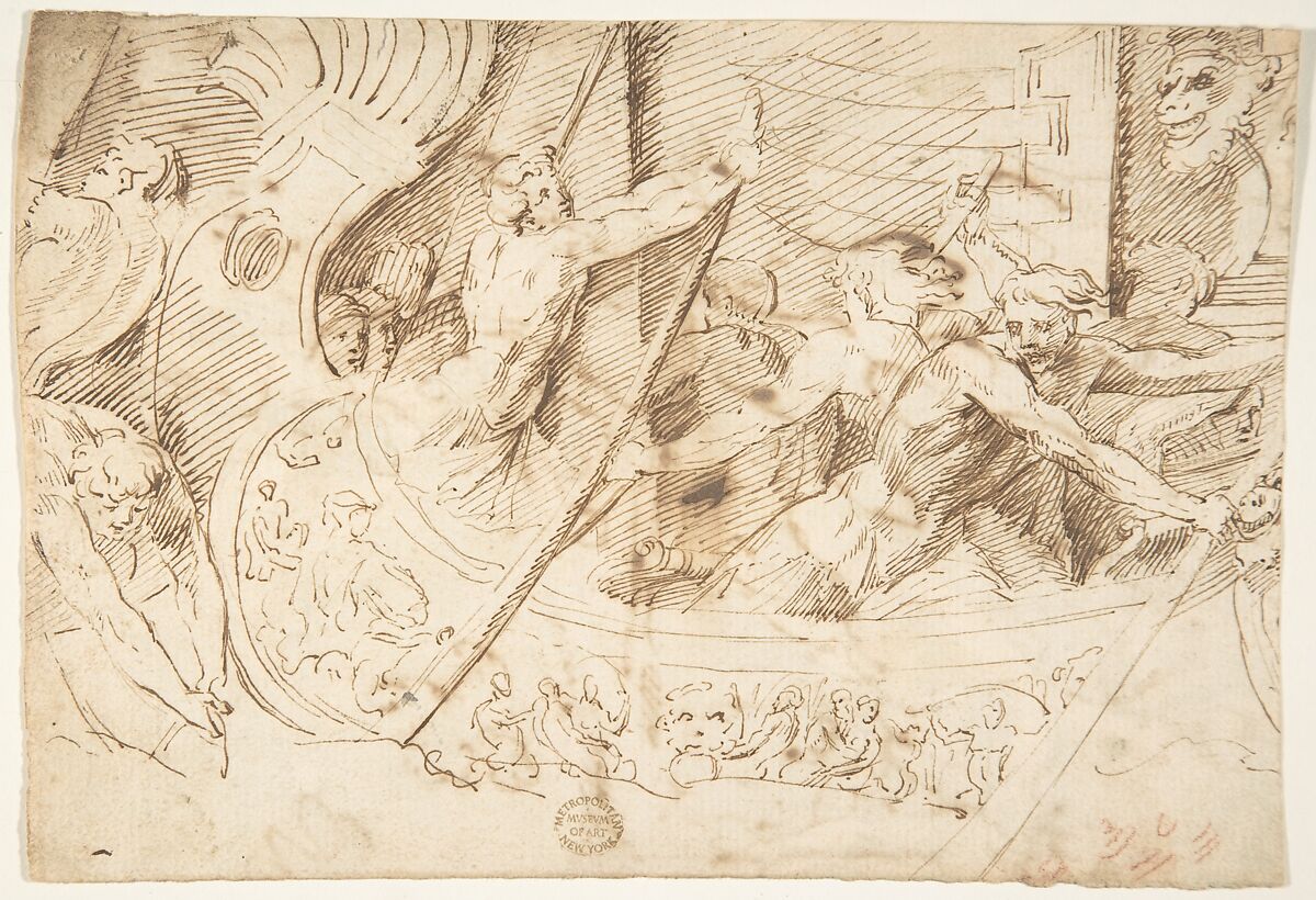 Naval Battle (Recto); Forest with Angel (Verso), Anonymous, Italian, 16th century (Italian, active Central Italy, ca. 1550–1580), Pen and brown ink (recto); pen and brown ink, brush and gray wash (verso) 