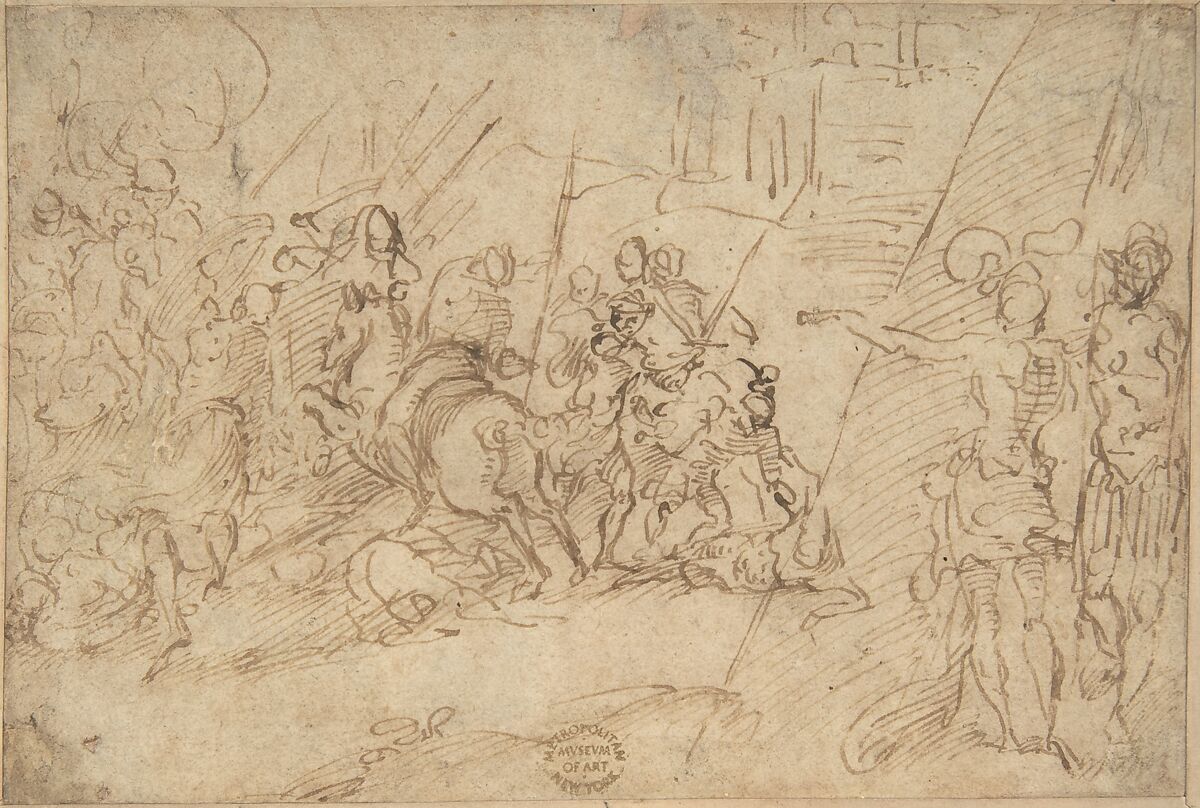 Skirmish, Anonymous, Italian, 16th century (Italian, active Central Italy, ca. 1550–1580), Pen and bistre 