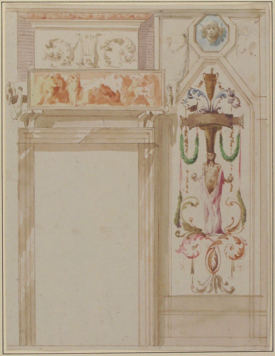 Design for a Wall Decorated with Grotesque, Giuseppe Bernardino Bison (Italian, Palmanova 1762–1844 Milan), Pen and light brown ink, brush and brown, green, yellow, pink, orange, purple and blue wash over traces of leadpoint