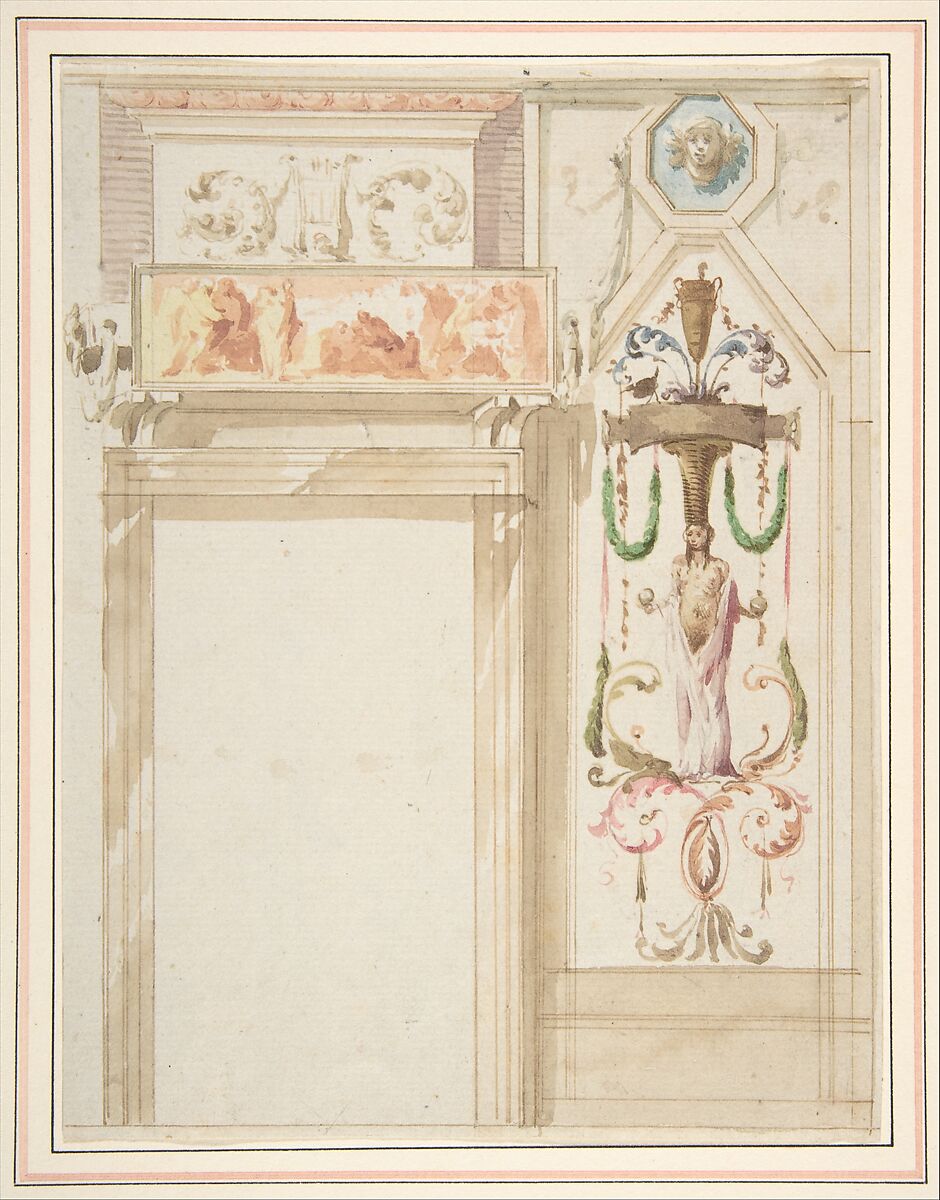 Design for a Wall Decorated with Grotesque, Giuseppe Bernardino Bison  Italian, Pen and light brown ink, brush and brown, green, yellow, pink, orange, purple and blue wash over traces of leadpoint