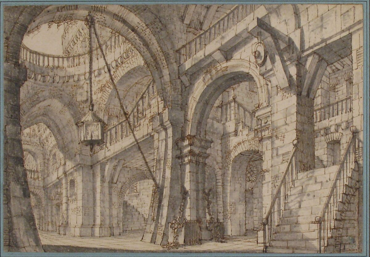 Perspective for a Stage Set with Stairs and Arches, Serafino Brizzi (Italian, Bologna 1684–1737 Bologna), Pen and brown ink, brush and gray wash