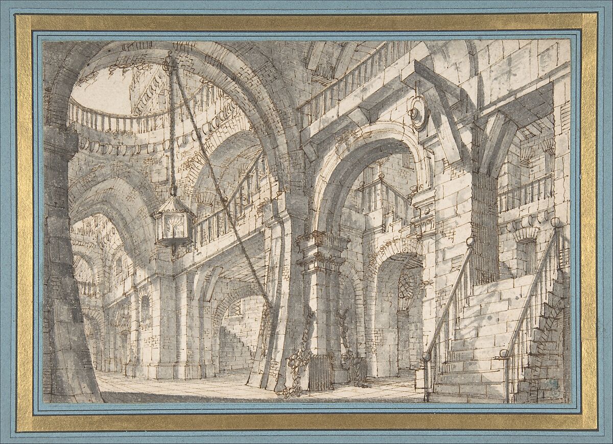 Perspective for a Stage Set with Stairs and Arches, Serafino Brizzi (Italian, Bologna 1684–1737 Bologna), Pen and brown ink, brush and gray wash 