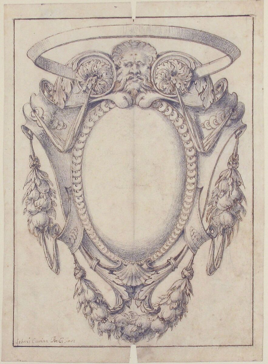 Design for a Cartouche for the "Raccolta di Cartelle Pubblicate per uso della Gioventù Studiosa", Sebastiano Cavina (Italian, documented Bologna, 1780–90s), Pen and brown ink over black chalk, with vertical crease through the center to create the symmetry of the design
