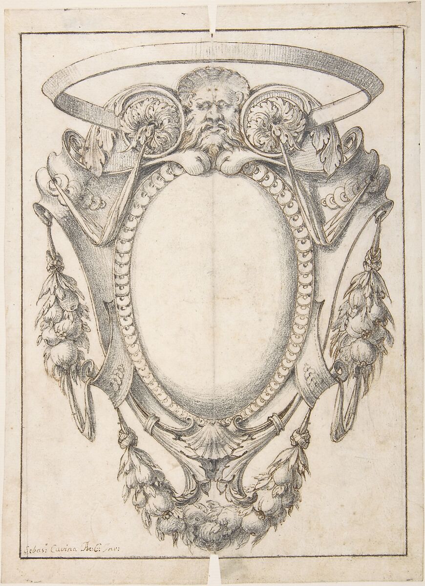 Design for a Cartouche for the "Raccolta di Cartelle Pubblicate per uso della Gioventù Studiosa"., Sebastiano Cavina (Italian, documented Bologna, 1780–90s), Pen and brown ink over black chalk, with vertical crease through the center to create the symmetry of the design 