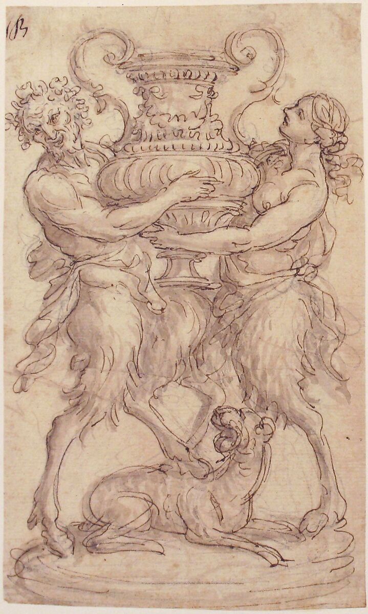 Design for a Sculpture consisting of a Satyr and Satyress holding a Vase, Giovanni Battista Foggini (Italian, Florence 1652–1725 Florence), Pen and brown ink, brush and gray-brown wash, over black chalk or graphite