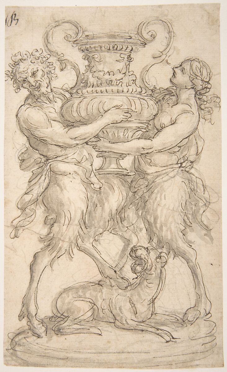 Design for a Sculpture consisting of a Satyr and Satyress holding a Vase, Giovanni Battista Foggini (Italian, Florence 1652–1725 Florence), Pen and brown ink, brush and gray-brown wash, over traces of black chalk or graphite 
