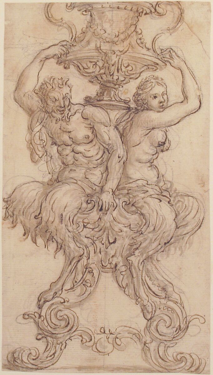 Satyr and Satyress Seated on a Pedestal Supporting a Vase, Giovanni Battista Foggini (Italian, Florence 1652–1725 Florence), Pen and brown ink, brush and gray-brown wash, over black chalk