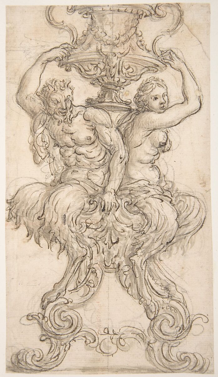 Satyr and Satyress Seated on a Pedestal Supporting a Vase., Giovanni Battista Foggini (Italian, Florence 1652–1725 Florence), Pen and brown ink, brush and gray-brown wash over traces of black chalk 