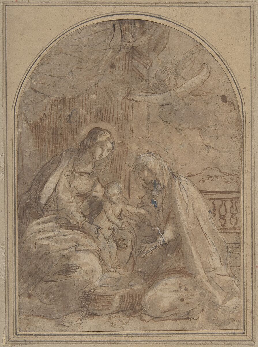 Virgin and Child with Saint Anna, Anonymous, Italian, 16th century (Italian, active Central Italy, ca. 1550–1580), Pen and brown ink, highlighted with white 