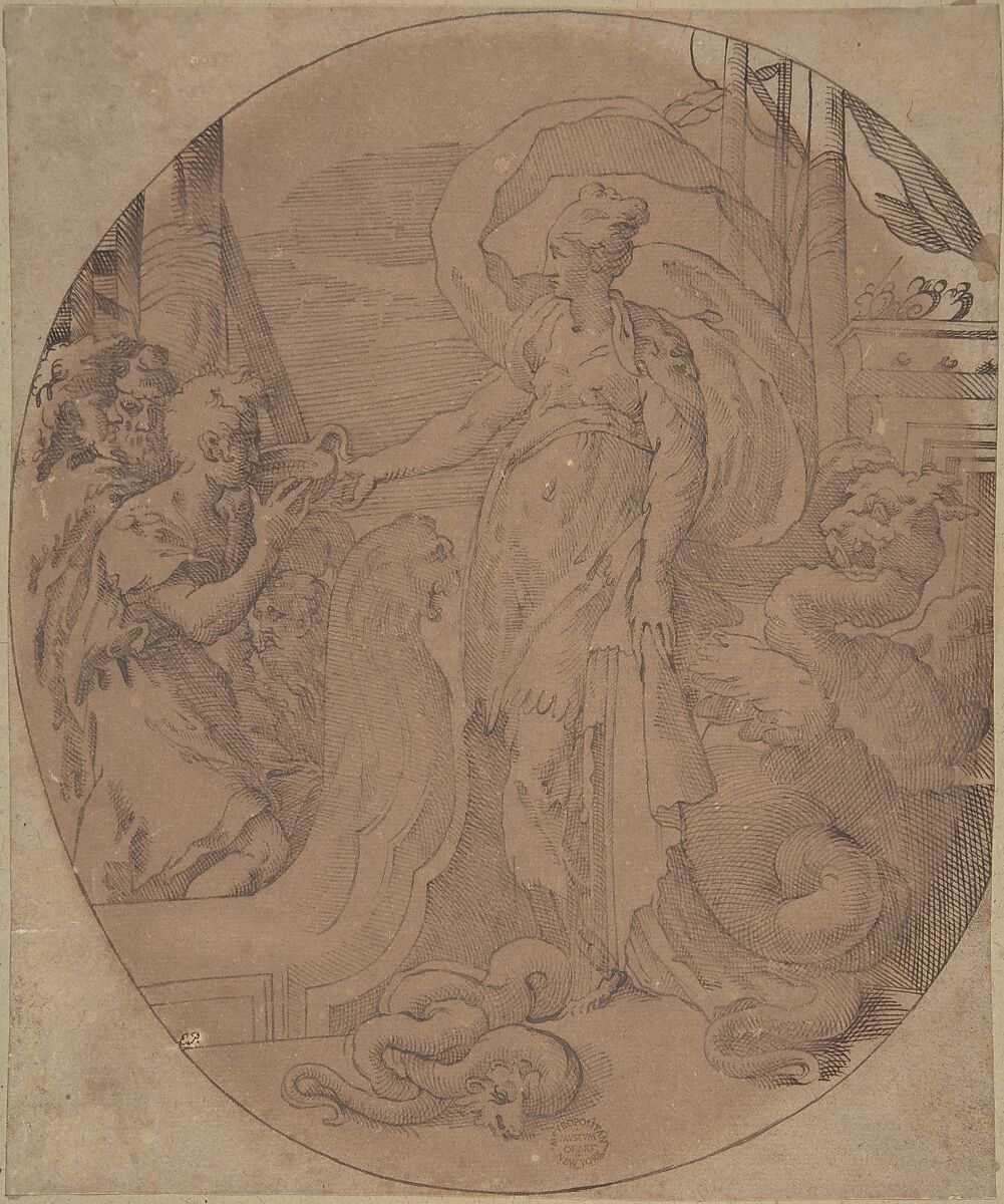 Circe and the Companions of Ulysses, Anonymous, Italian, 16th century (Italian, active Central Italy, ca. 1550–1580), Pen and brown ink on brown paper 