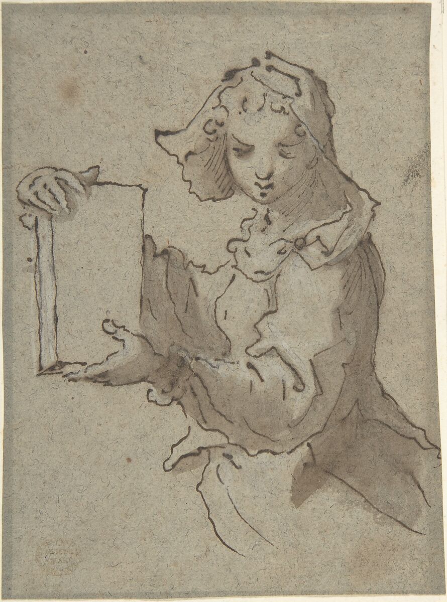 Girl with Book, Anonymous, Italian, Bolognese, 18th century, Pen and brown ink, washed, on gray paper 