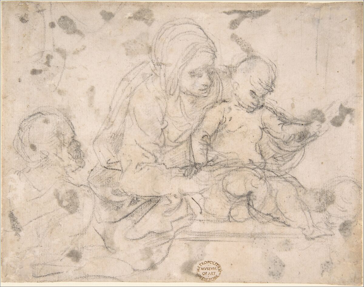 Virgin and Child with Infant St. John the Baptist, Anonymous, Italian, 17th century, Black chalk 