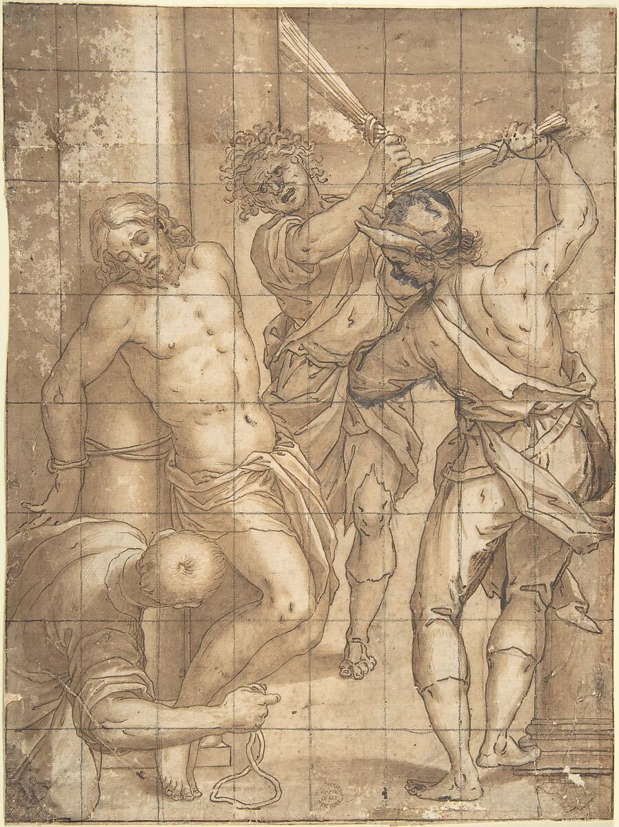 Scourging of Christ, Anonymous, Italian, 16th century (Italian, active Central Italy, ca. 1550–1580), Pen and brown ink, brush and brown wash, over black chalk; squared in black chalk 