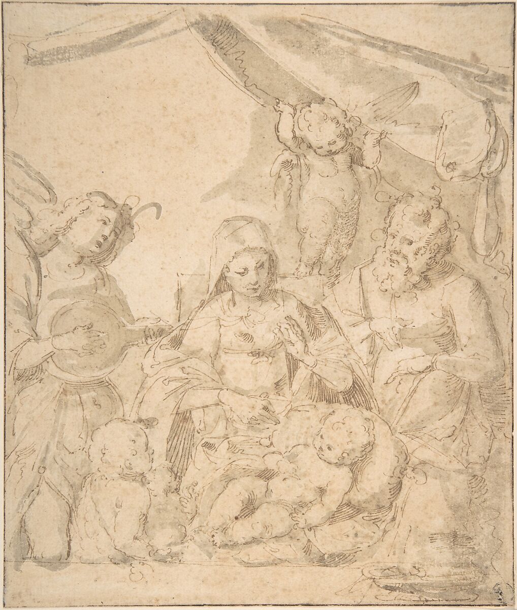 The Holy Family with Angels, Anonymous, Italian, 16th century, Pen and brown ink, brush and light brown wash 
