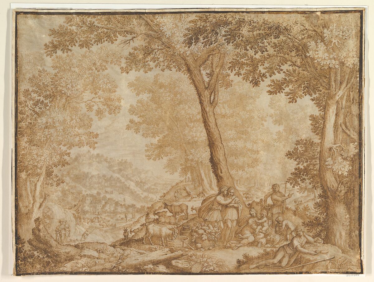 Landscape with Figures, Anonymous, Italian, 17th century, Pen and brown ink, on parchment, washed.  Drawing for an engraving 
