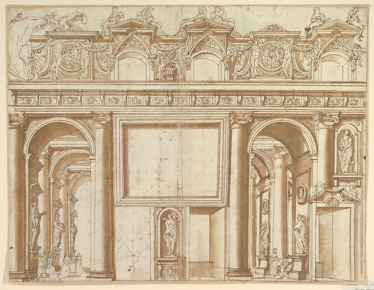 Architectural Design or Stage Set for the Colonna Family, Anonymous, Italian, 16th century (Italian, active Central Italy, ca. 1550–1580), Pen and brown ink, washed 