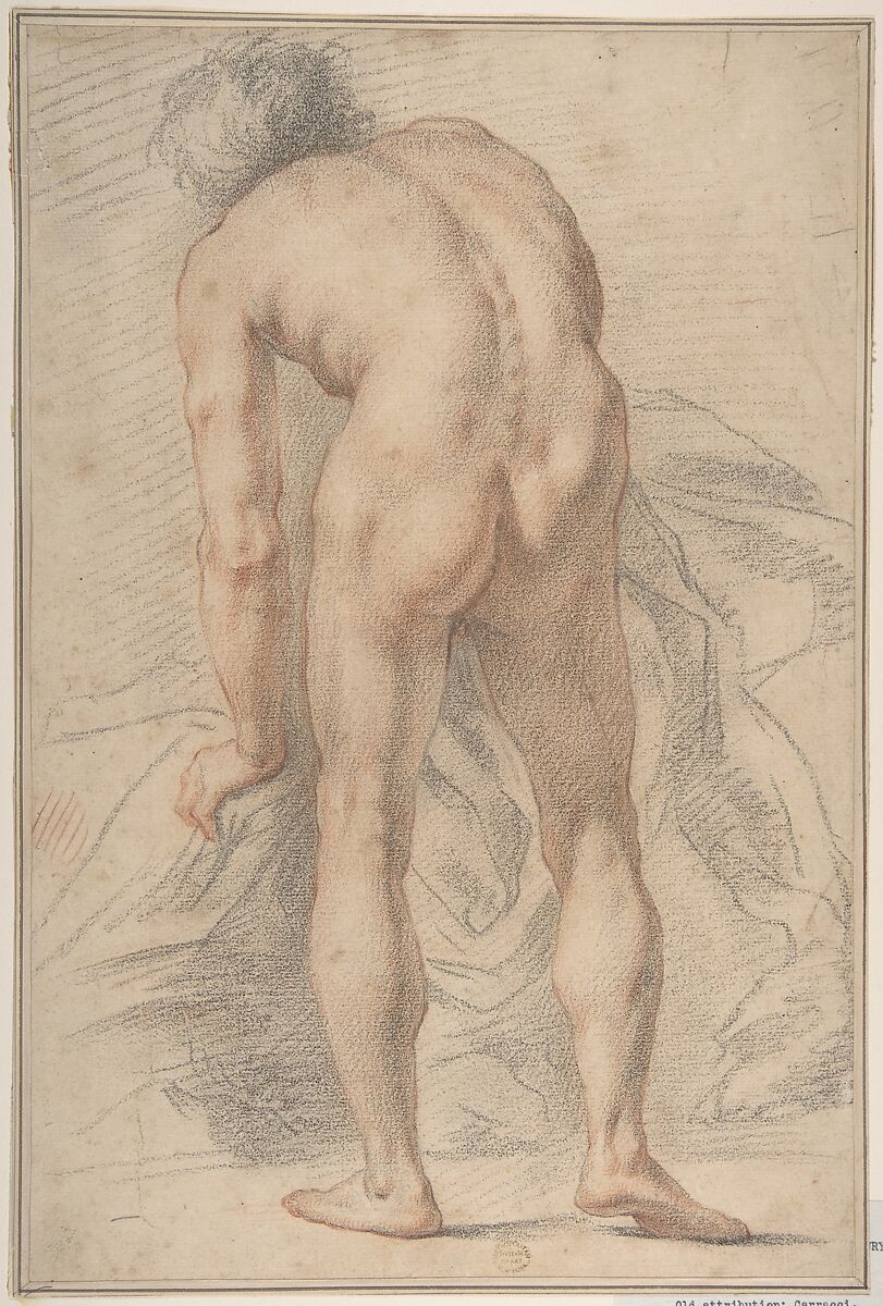 Nude Male Figure, Rear View, Attributed to Giovanni da San Giovanni, Red and black chalk on buff paper 