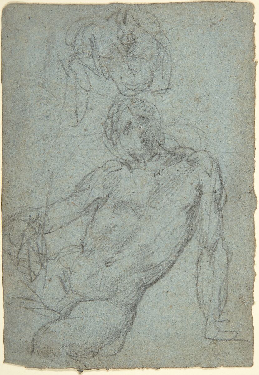 Studies of a Seated Nude Male Figure, Giulio Cesare Procaccini (Italian, Bologna 1574–1625 Milan), Black chalk on blue paper 