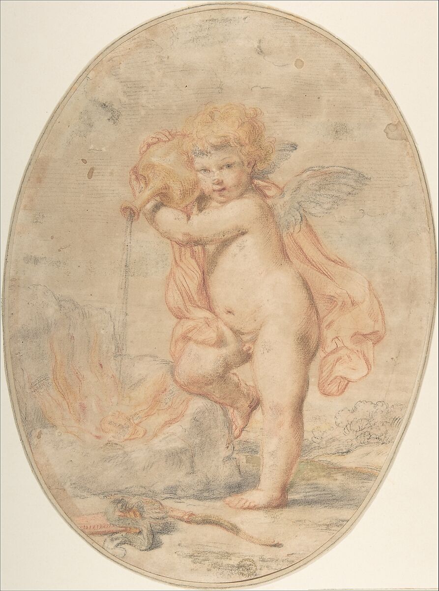 Cupid Pouring Water on a Burning Heart, Giovanni Larciani ("Master of the Kress Landscapes") (Italian, 1484–1527), Red, black and yellow chalk 