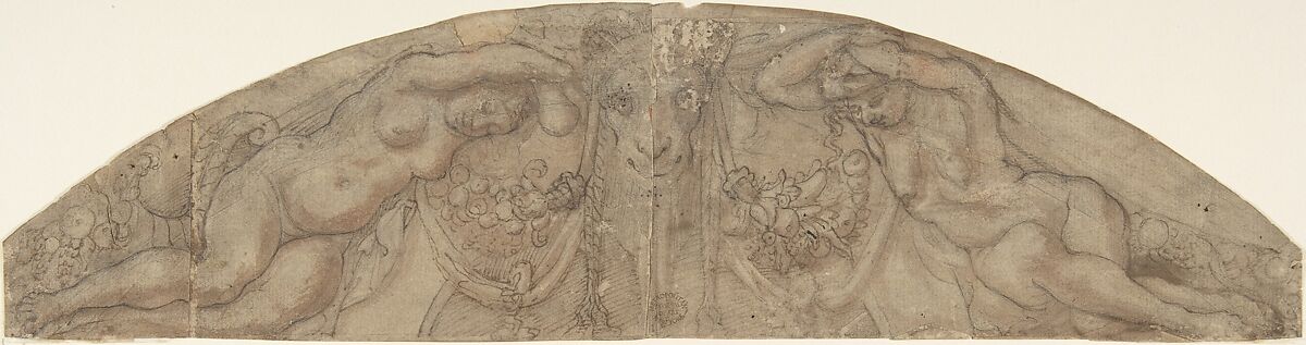 Design for a Lunette, Anonymous, Italian, 16th century (Italian, active Central Italy, ca. 1550–1580), Pen and brown ink, over black chalk, brown wash 