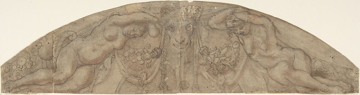 Design for a Lunette, Anonymous, Italian, 16th century (Italian, active Central Italy, ca. 1550–1580), Pen and brown ink, over black chalk, brown wash