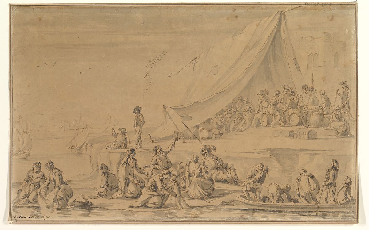 A Pirate's Camp, Anonymous, Italian, 17th century, Pen and ink, brush and wash, on buff paper 