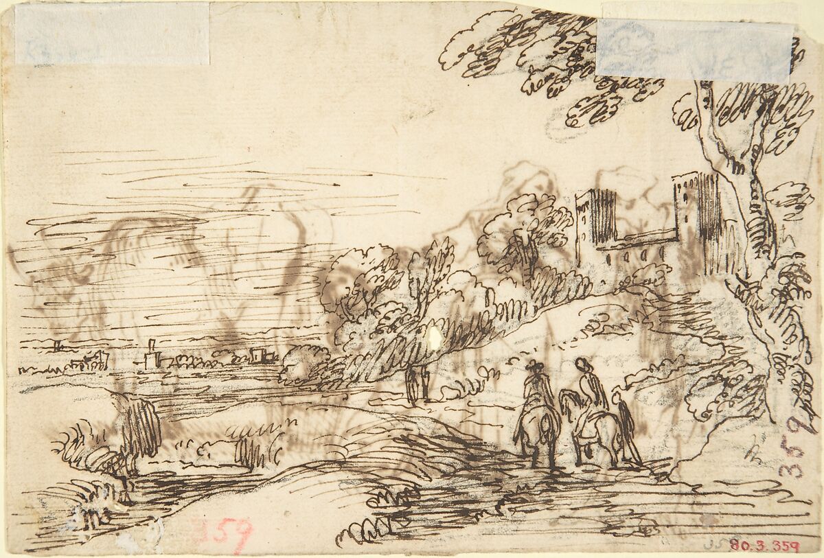 Rustic Scene (recto); Landscape (verso), Anonymous, Italian, 17th century, Pen and brown ink