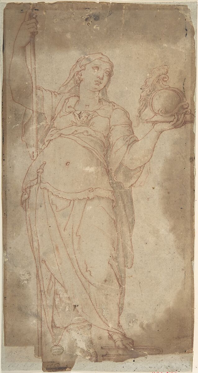 Figure Holding a Spear and a Helmet, Anonymous, Italian, 16th century (Italian, active Central Italy, ca. 1550–1580), Red chalk, brown wash 