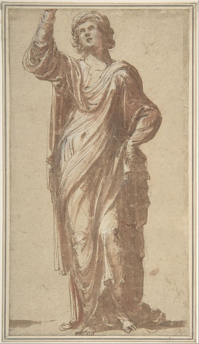 Symbolic Figure (a Sibyl?), Anonymous, Italian, Venetian, 15th to 16th century, Pen and ink, brush and wash, touched with red chalk and Chinese white, on brown gray paper 