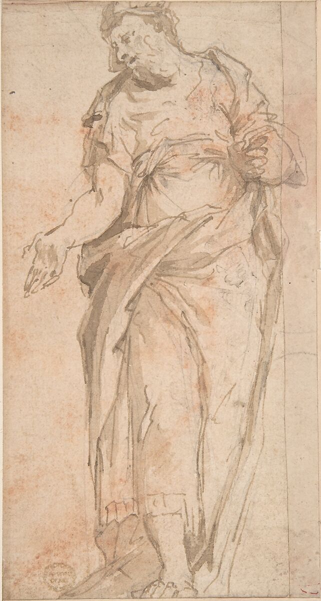 Draped Male Figure Gesturing, Anonymous, Italian, Roman, 16th century, Pen and ink, brush and wash 