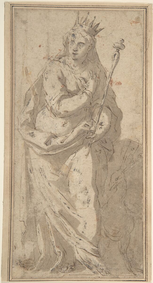 Juno, Attributed to Jacopo Palma the Younger (Italian, Venice ca. 1548–1628 Venice), Pen and brown ink, brush and brown wash, frame lines in black chalk 
