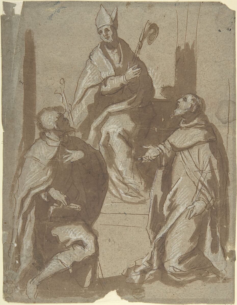 Bishop and Two Saints, Anonymous, Italian, Venetian, 15th to 16th century, Pen and ink, brush and wash, highlighted with Chinese white, on brownish gray paper 