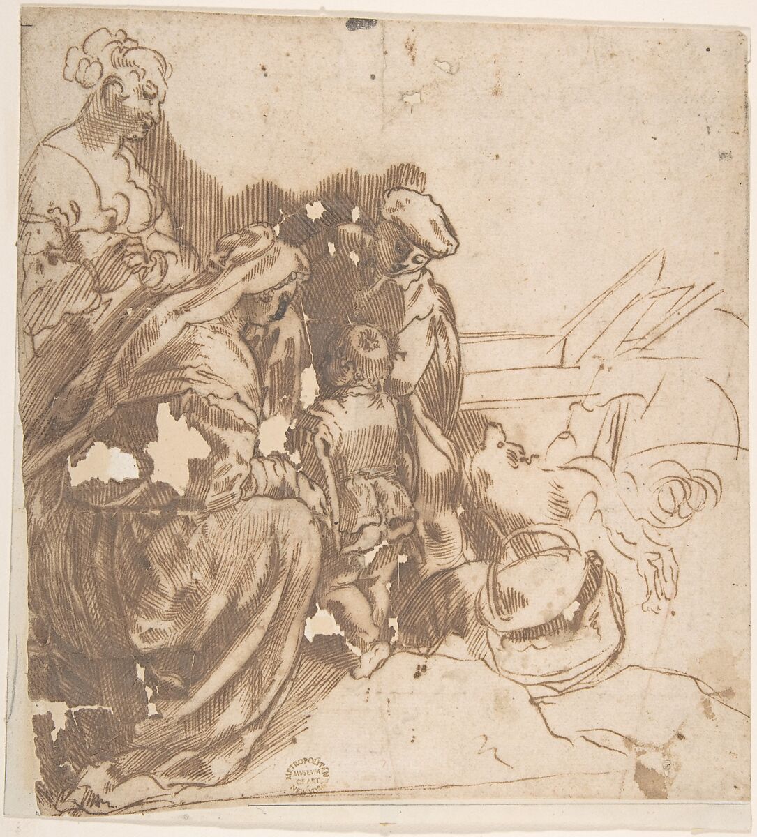 Family Group, Anonymous, Italian, Venetian, 17th century, Pen and brown ink, washed 